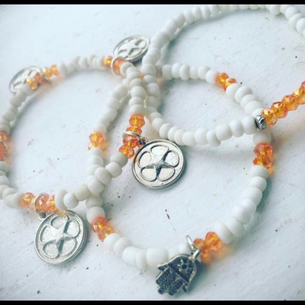 Beaded Hamsa charm bracelet set w/ crystal beads.